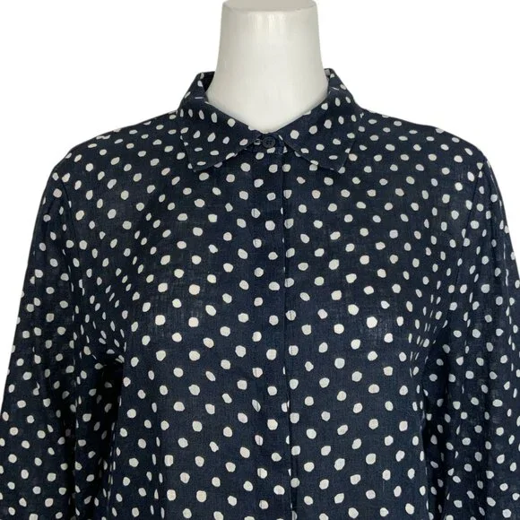 Lafayette 148 Linen Button Front Shirt L Blue Polka Dot - Picture 10 of 16
